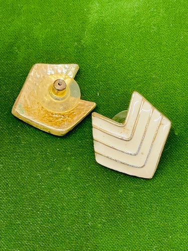White and Gold Enamel Shield Earrings Devil's Details